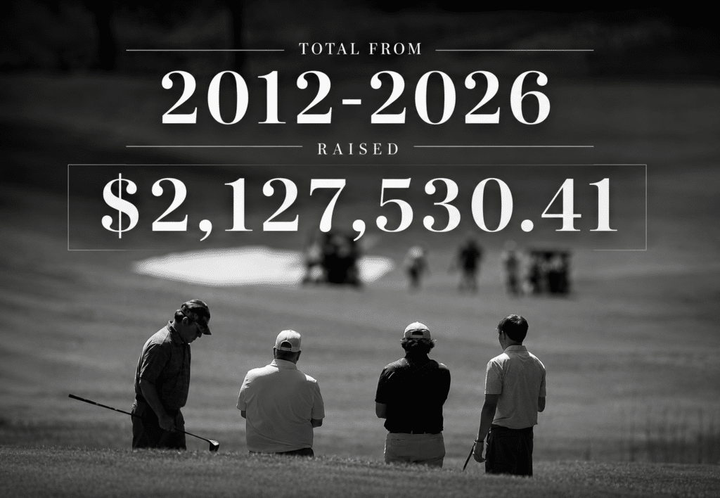 This is a black and white image of golfers on the course. On it there is a graphic that says Total from 2012-2026 raised $2,127,530.41