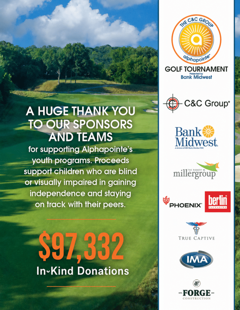 A graphic with a golf course photo in the background. It says "A huge thank you to our sponsors and teams for supporting Alphapointe's youth programs. Proceeds support children who are blind or visually impaired in gaining independence and staying on track with their peers. $97,332 in-kind donations. It includes logos for C & C Group, Bank Midwest, Miller Group, Phoenix Berlin, True Captive, IMA and Forge Construction.