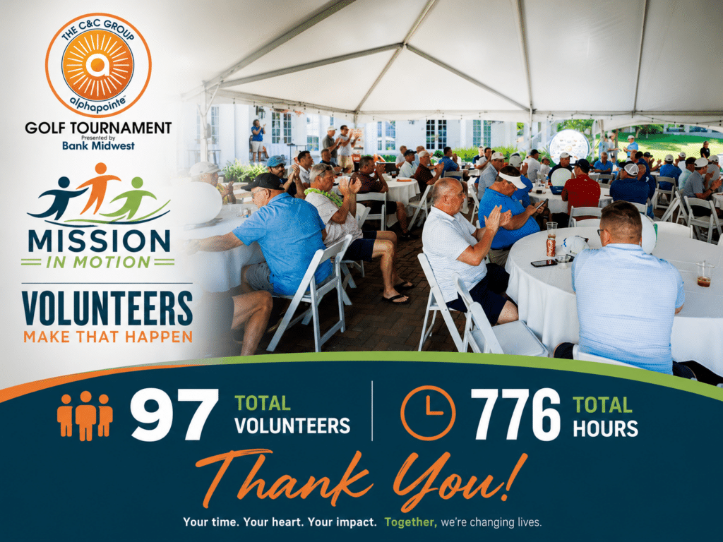An image of people at a dinner. The is graphic elements include the words: Mission in Motion. Volunteers make that happen. 97 total volunteers, 776 hours. Thank you. Your time. Your Heart. Your Impact. Together, we're changing lives.