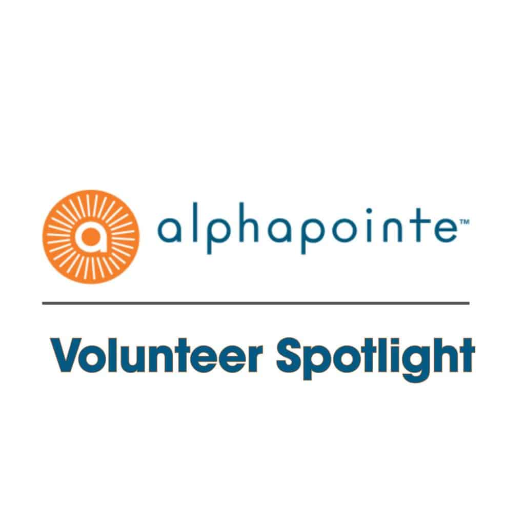 This is a graphic that has a white background and the Alphapointe logo and includes the worlds "Volunteer Spotlight"