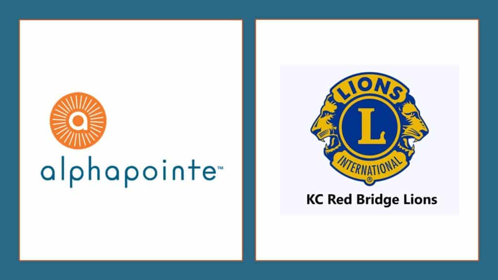 This is a slide with the Alphapointe logo on the left and the Lions International logo on the right.