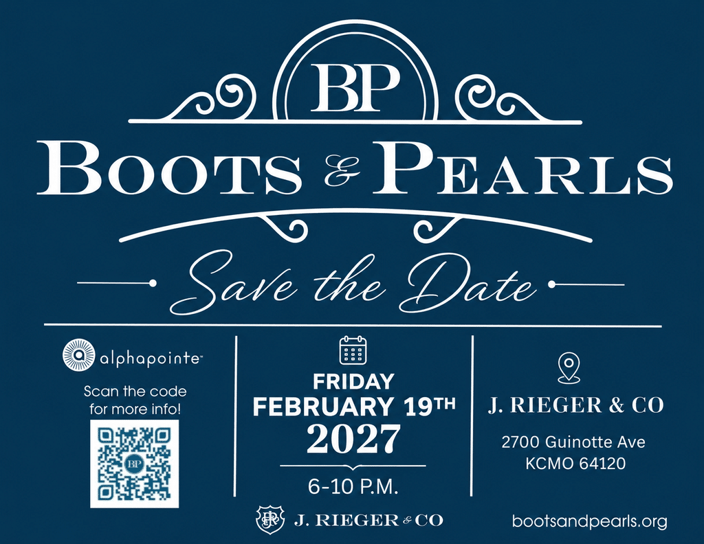 Save-the-date graphic for Alphapointe's Boots & Pearls event. The design features white text on a dark blue background with the Boots & Pearls logo at the top. Event details include Friday, February 19, 2027, from 6:00 to 10:00 p.m. at J. Rieger & Co., 2700 Guinotte Ave., Kansas City, Missouri 64120. A QR code appears on the left with a prompt to scan for more information, and the website bootsandpearls.org is listed at the bottom.