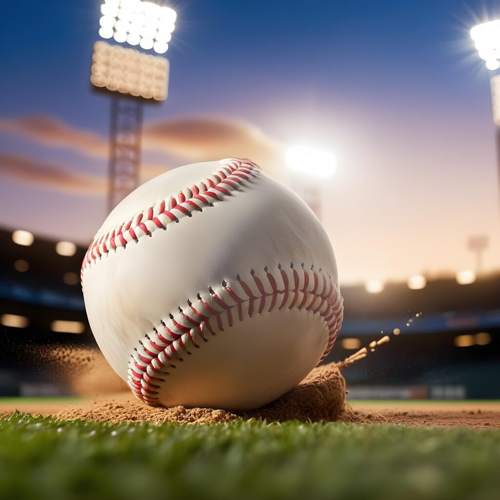 A baseball hits the dirt on a baseball field. 