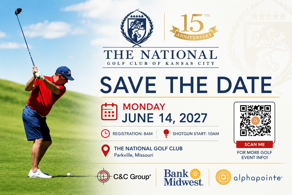 Promotional graphic for the 15th Anniversary golf tournament at The National Golf Club of Kansas City. A golfer in a red shirt and blue shorts swings a golf club on a green fairway. The graphic reads: “Save the Date,” Monday, June 14, 2027, at The National Golf Club in Parkville, Missouri. Registration begins at 8 a.m., with a shotgun start at 10 a.m. A QR code provides more event information. Sponsor logos for C&C Group, Bank Midwest, and Alphapointe appear at the bottom.