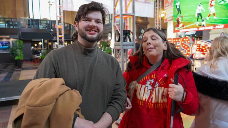 Martin and Sara are doing O & M exercises out in the community.