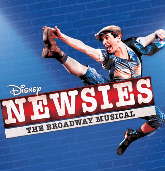 This is the theater poster from Starlight. It features a dancer jumping into the air over the title, "Newsies, the Broadway Musical."
